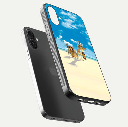 Tropical Fun Squad Glass Case for iPhone 16 floating dual-view mockup displaying gloss reflection and contrast