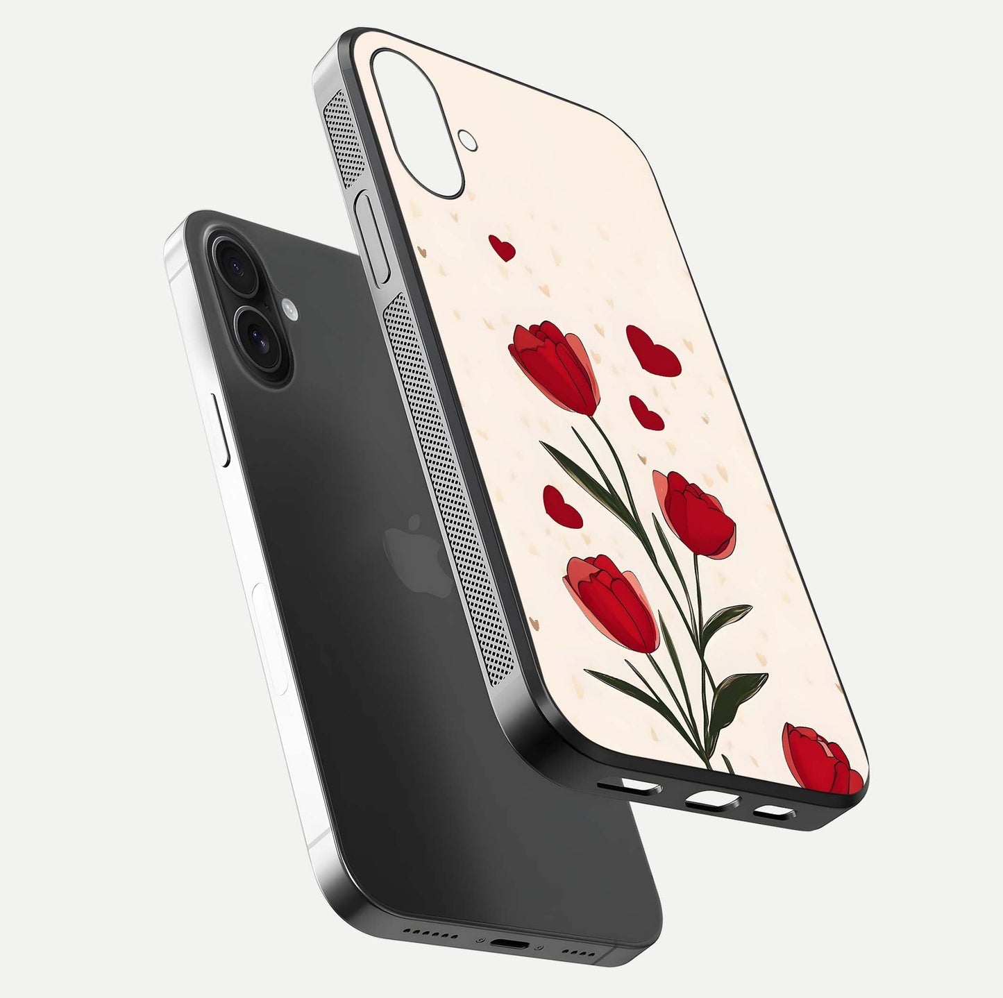 Tulip With Heart Glass Case for iPhone 16 floating dual-view mockup displaying gloss texture and shine