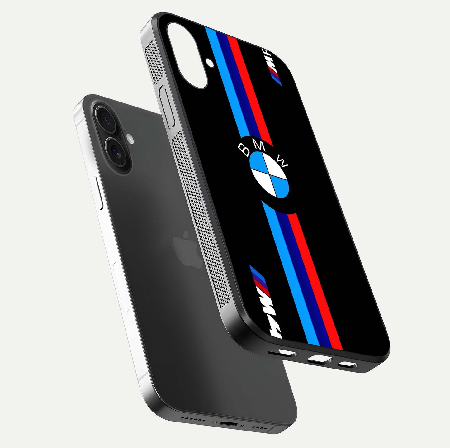 Turbo BMW Beast Glass Case for iPhone 16 floating dual-view mockup displaying gloss texture and vivid print