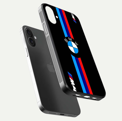 Turbo BMW Beast Glass Case for iPhone 16 floating dual-view mockup displaying gloss texture and vivid print