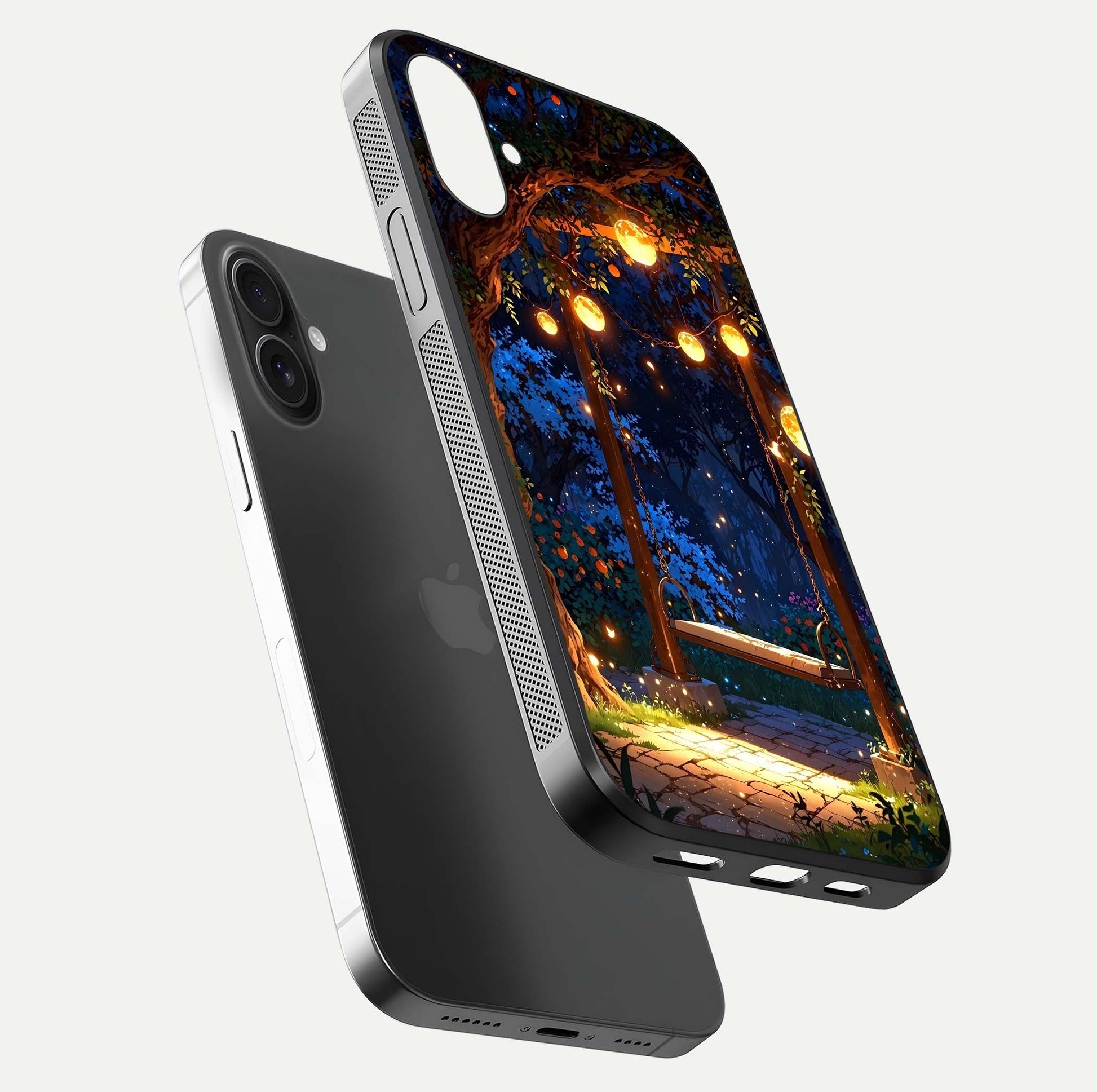 Twilight Garden Swing Glass Case for iPhone 16 floating dual-view mockup displaying gloss and tone balance