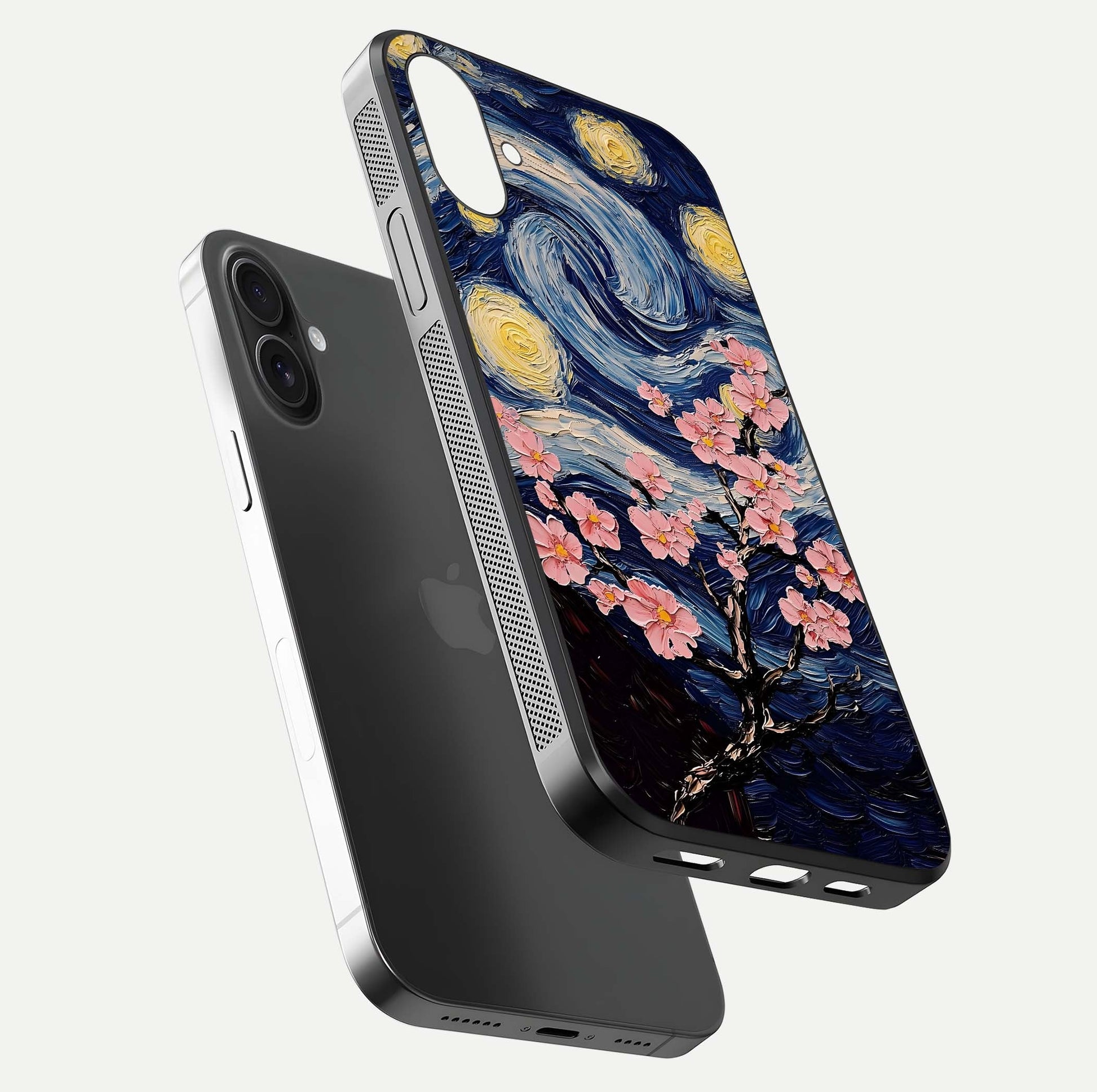 Van Gogh Scenery Glass Case for iPhone 16 floating dual-view mockup displaying gloss reflection and HD quality