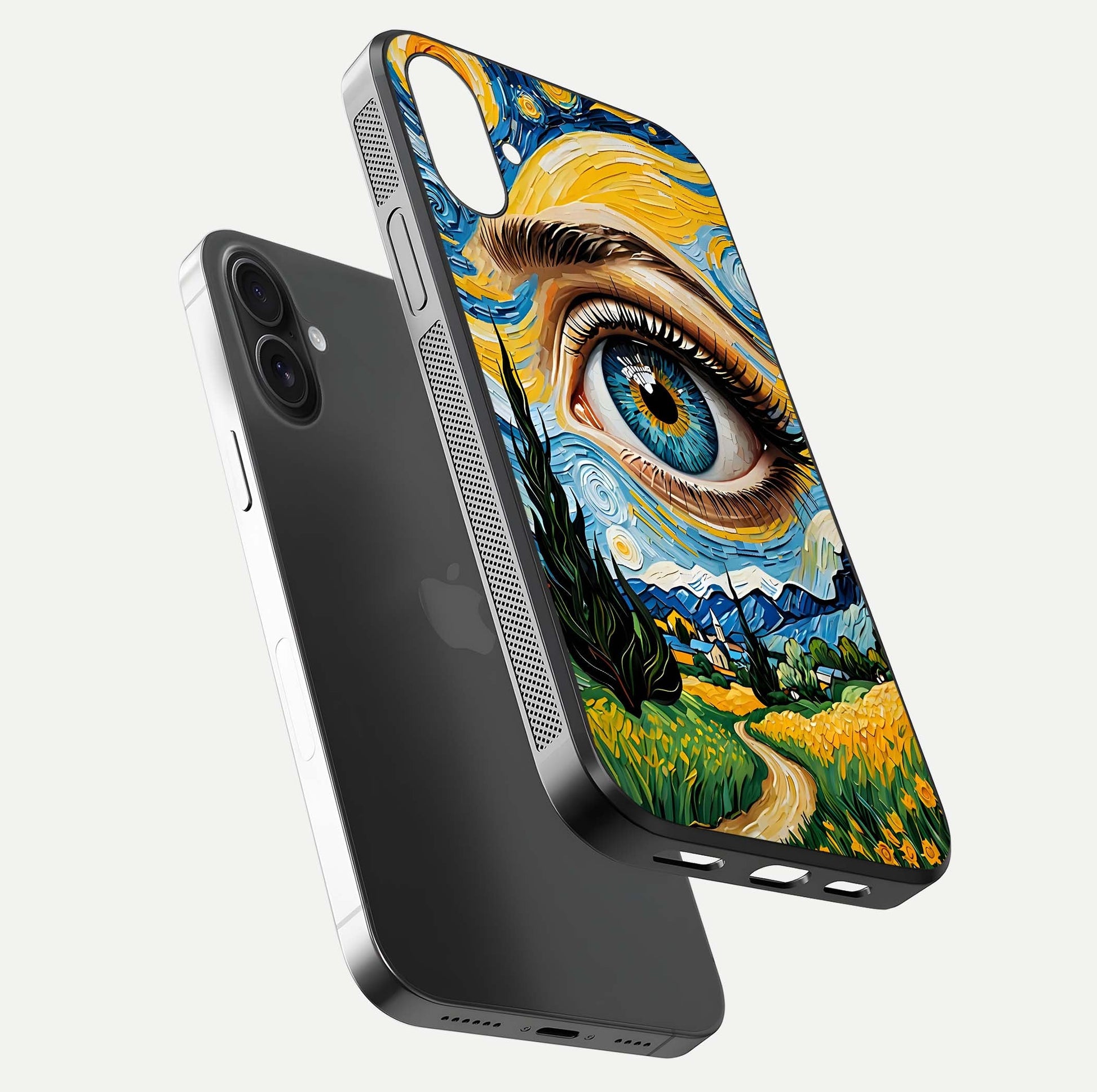 Van Gogh Eye Glass Case for iPhone 16 floating dual-view mockup displaying gloss texture and depth