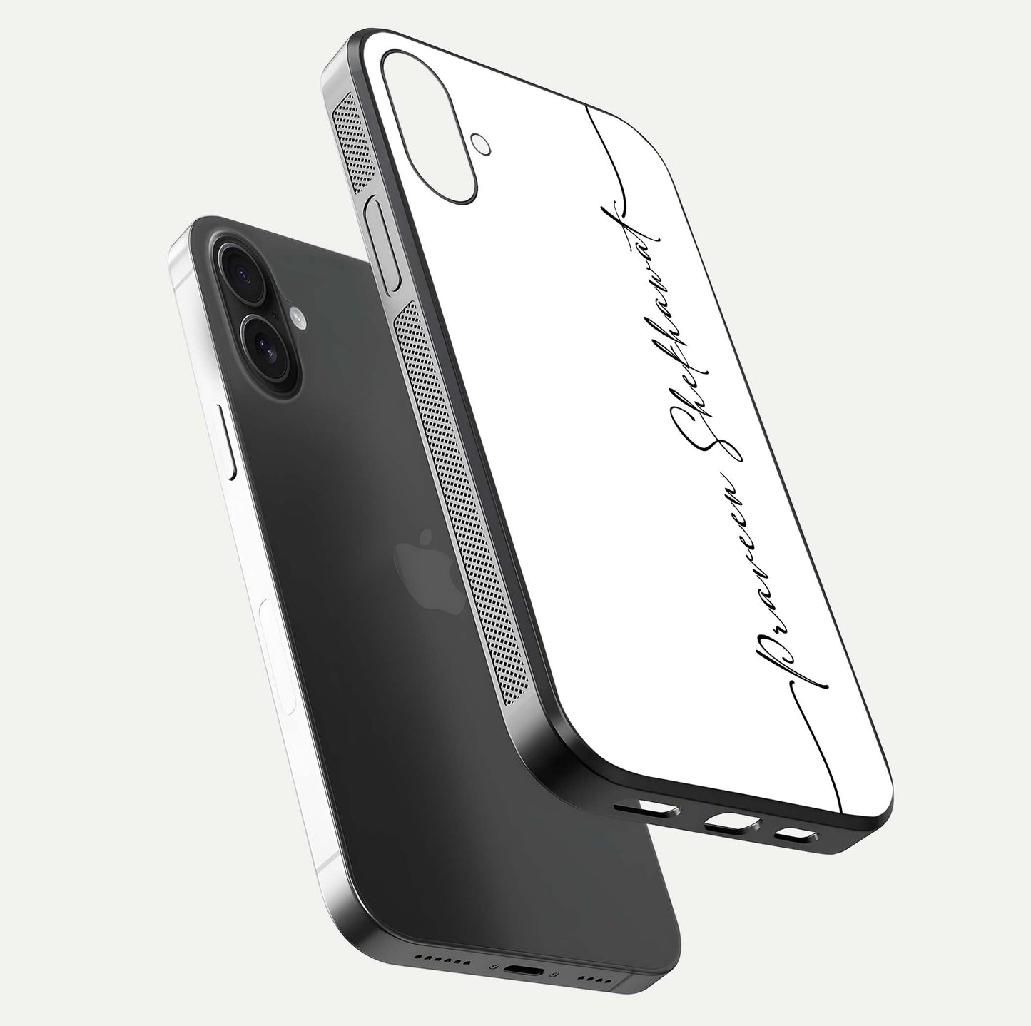 White Tune Custom Name Glass Case for iPhone 16 floating dual-view mockup displaying gloss and HD detail