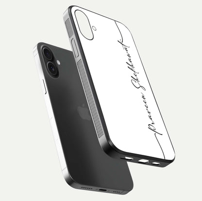 White Tune Custom Name Glass Case for iPhone 16 floating dual-view mockup displaying gloss and HD detail