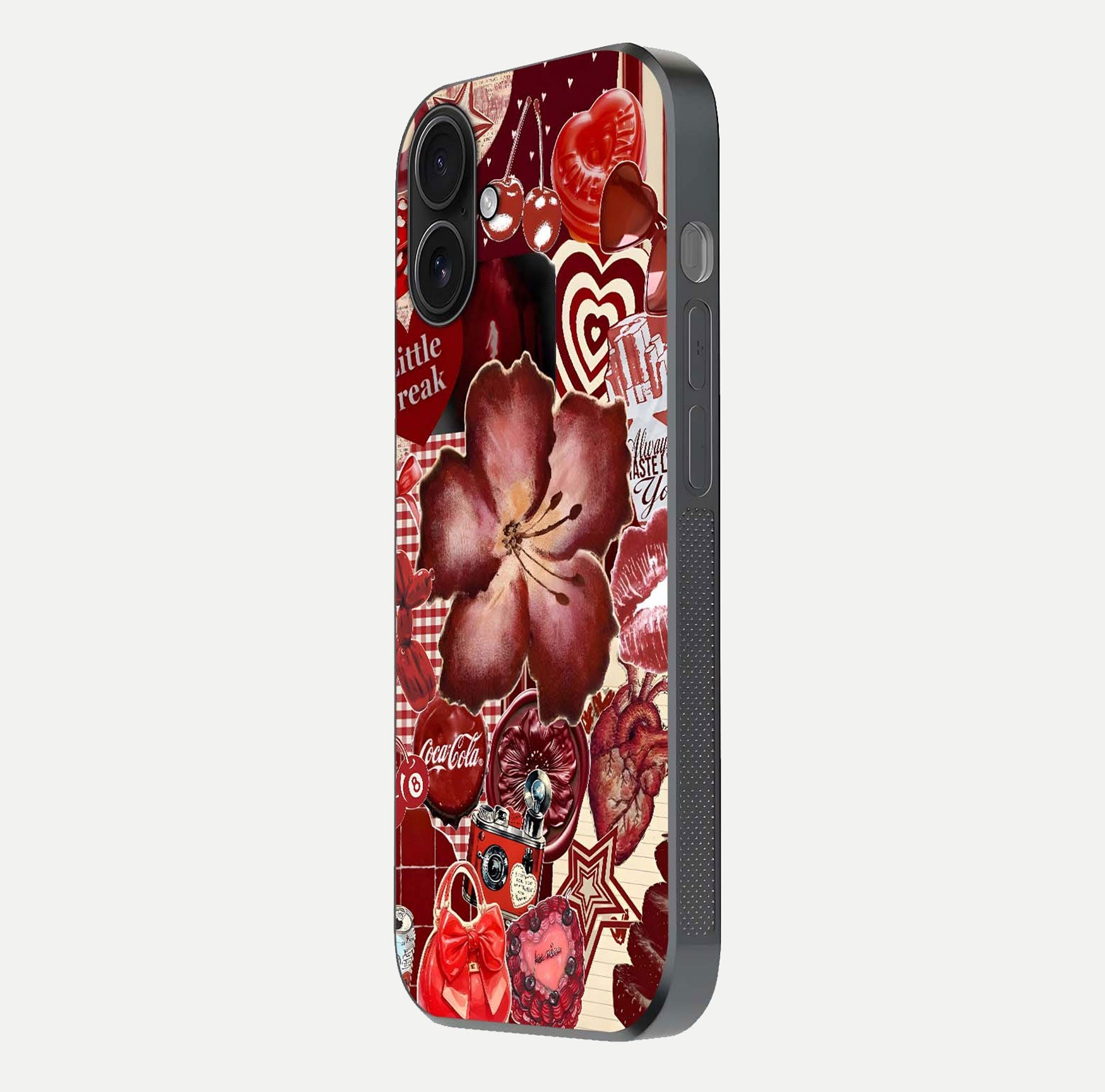 Aesthetic Little Freak Glass Case for iPhone 16 side-angle image showing colorful design, camera module, and glossy finish reflection