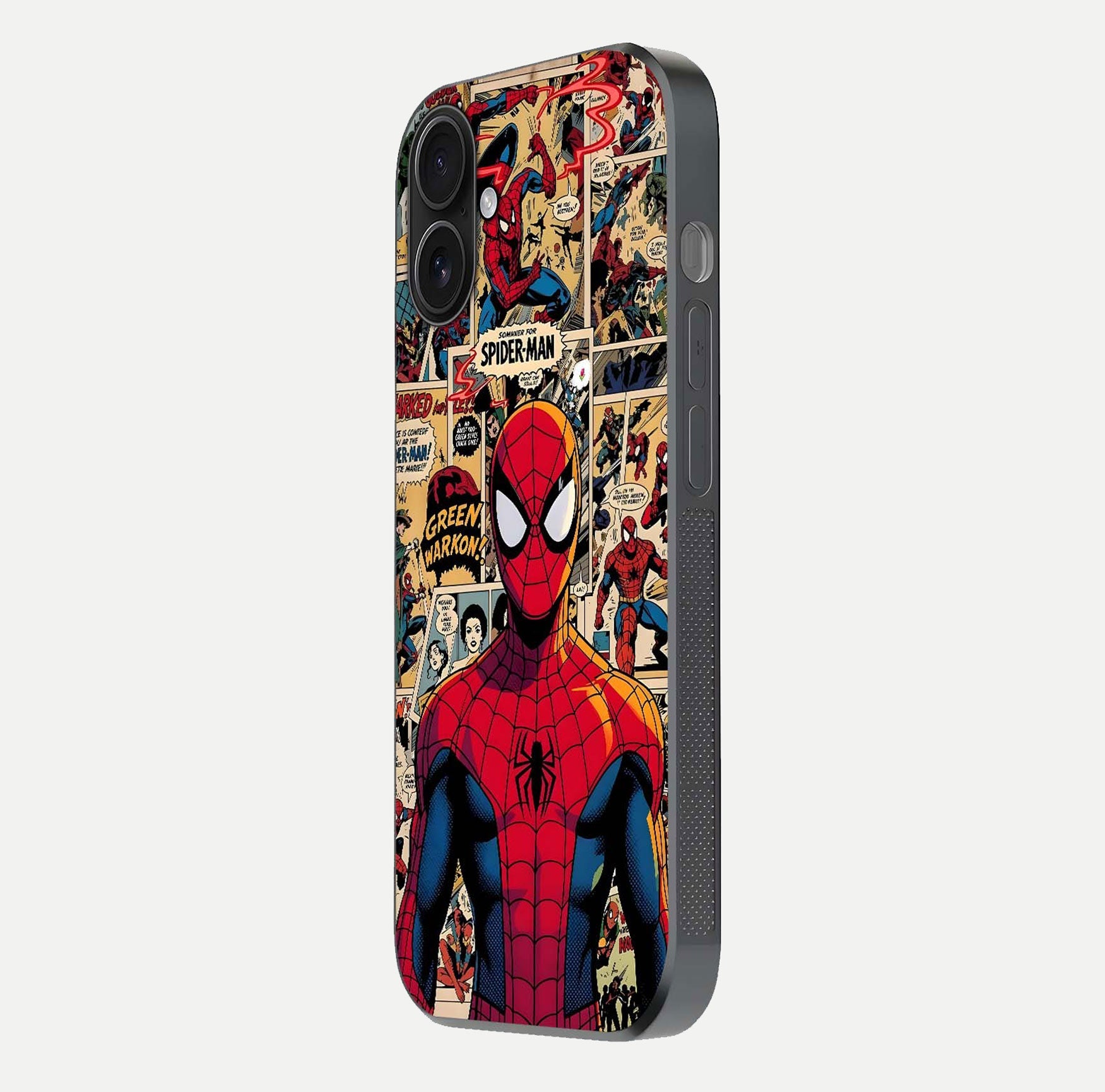 Aesthetic Spider Man Glass Case for iPhone 16 side-angle image showing superhero comic print, camera module, and glossy finish reflection