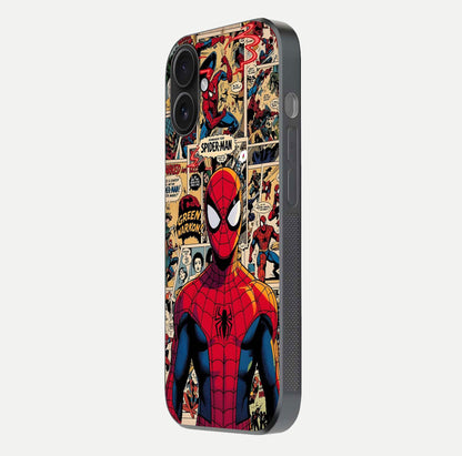 Aesthetic Spider Man Glass Case for iPhone 16 side-angle image showing superhero comic print, camera module, and glossy finish reflection