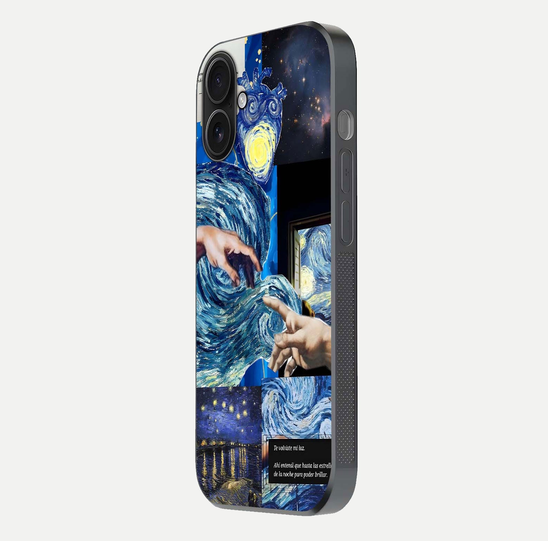 Aesthetic Vando Hands Glass Case for iPhone 16 side-angle image showcasing hand design, protective edges, and gloss texture