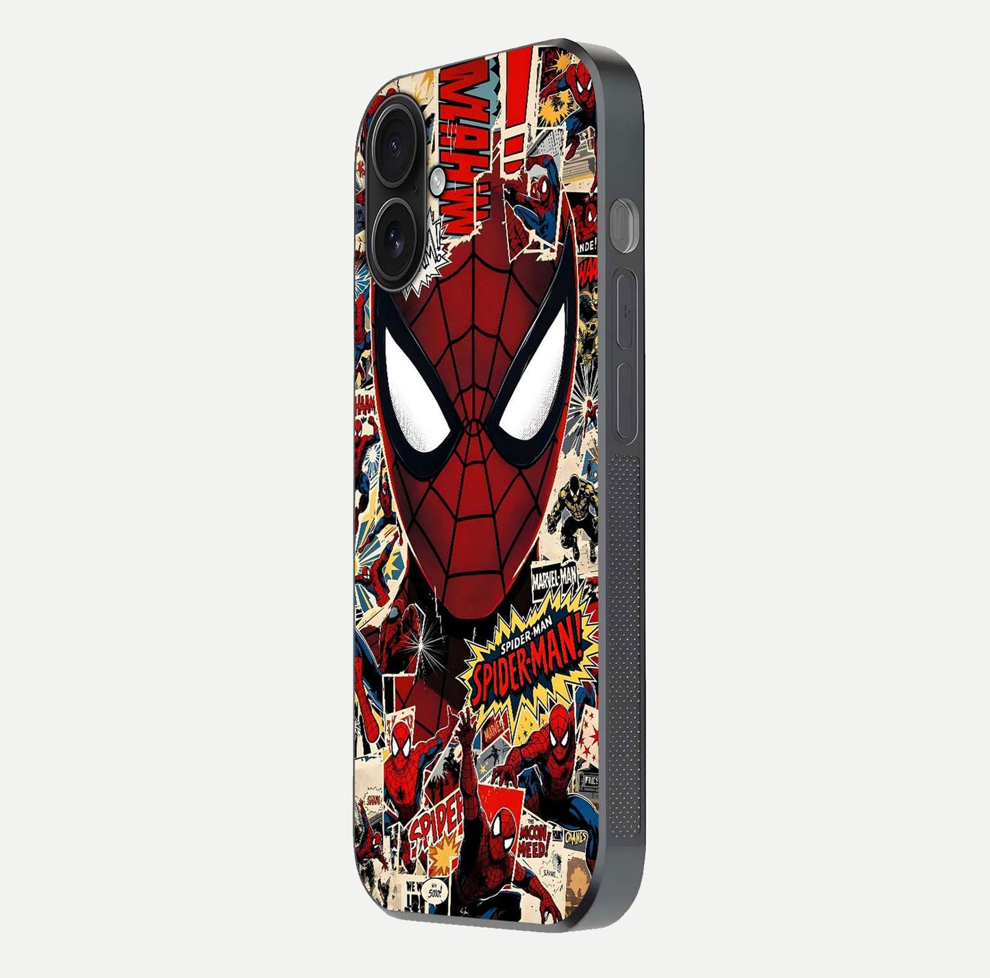 Aesthetic Wonder Spider Glass Case for iPhone 16 side-angle shot showing red-blue tones and durable protective frame