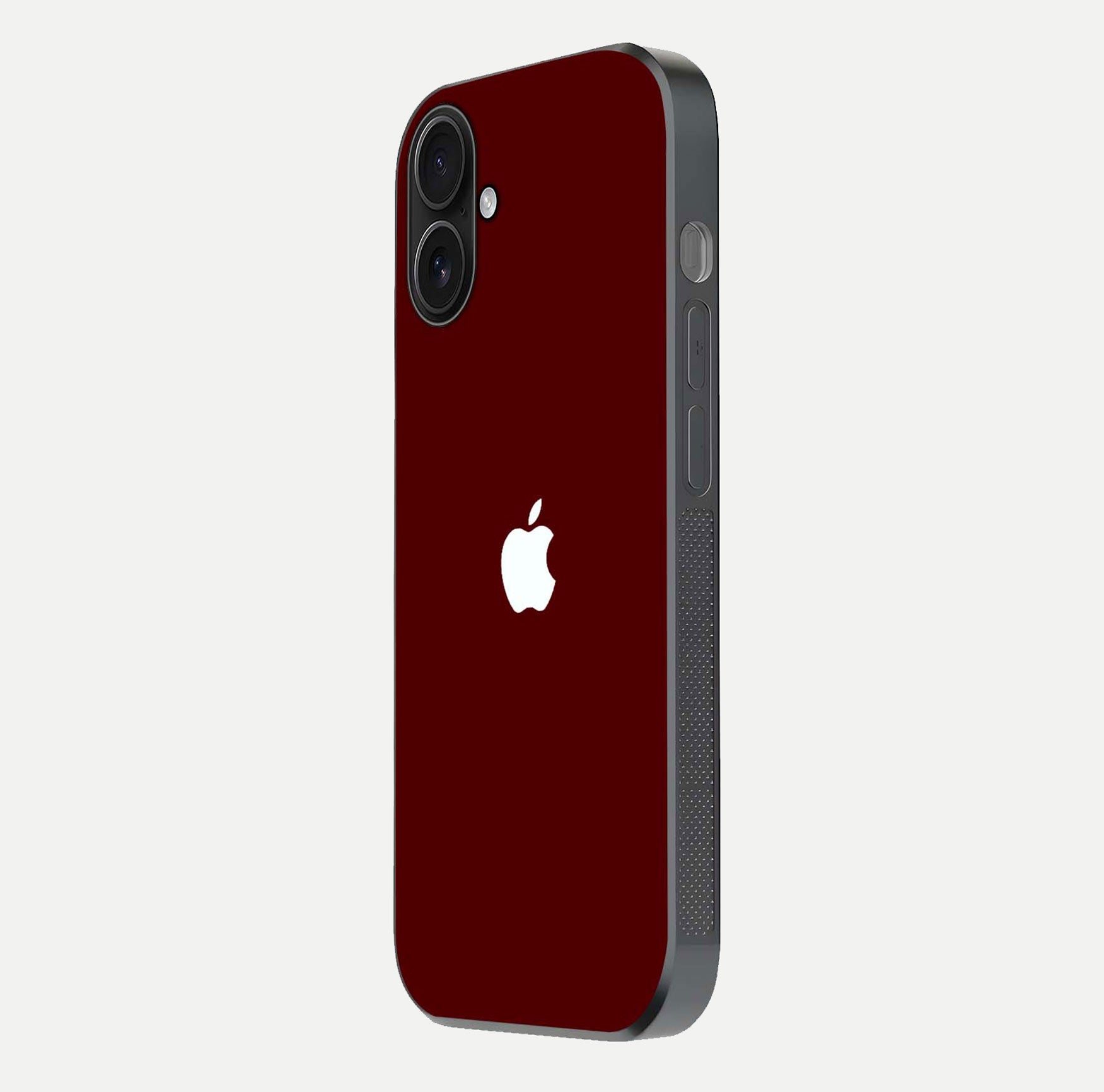 Apple Crimson Core Glass Case for iPhone 16 side-angle shot showing camera bump alignment and glossy shine