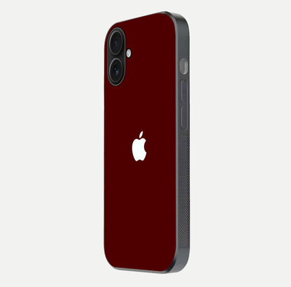 Apple Crimson Core Glass Case for iPhone 16 side-angle shot showing camera bump alignment and glossy shine