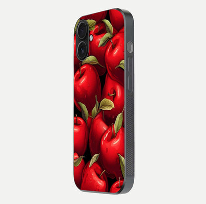 Apple Pattern Glass Case for iPhone 16 side-angle image showcasing minimalist apple print and gloss reflection