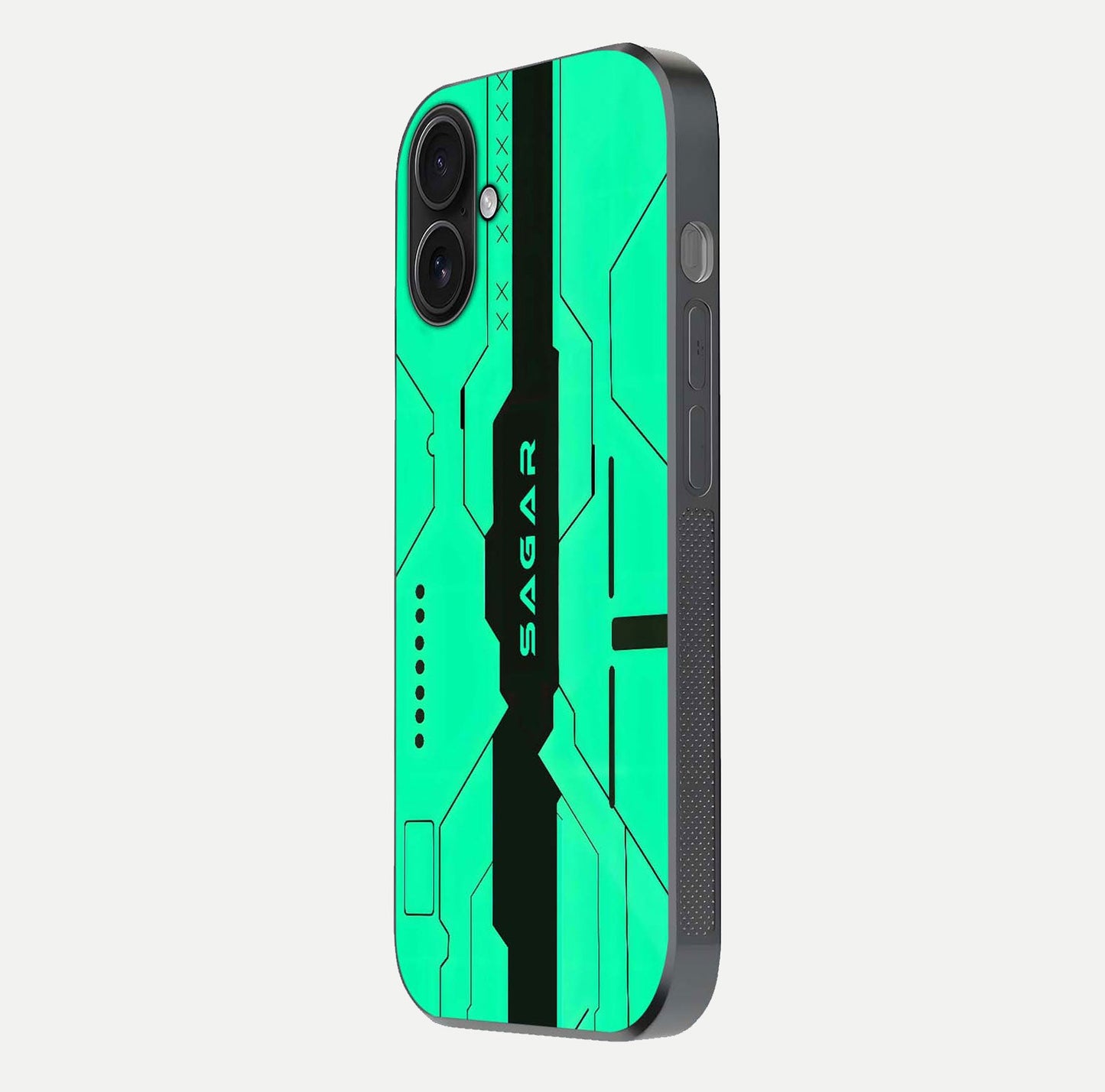 Aqua Tech CYBERPUNK Custom Name Glass Case for iPhone 16 side-angle image with glowing edges and glossy surface