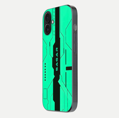 Aqua Tech CYBERPUNK Custom Name Glass Case for iPhone 16 side-angle image with glowing edges and glossy surface