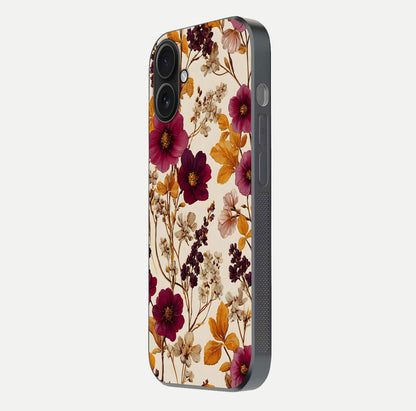 Autumn Wine Bloom Glass Case for iPhone 16 side-angle showcasing floral design, texture gloss, and camera frame