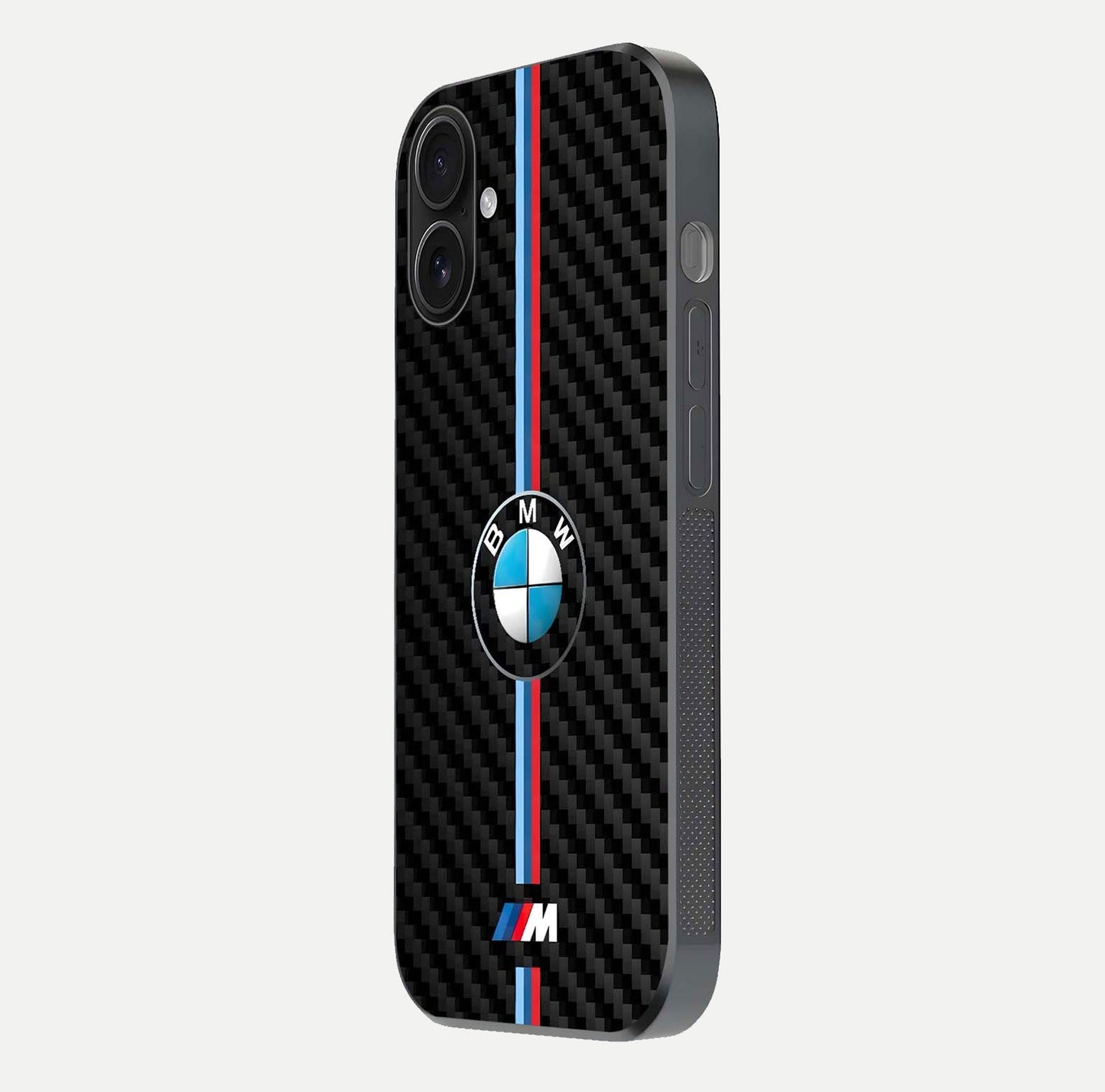 BMW Pattern Glass Case for iPhone 16 side-angle image showing edge finish and luxury car-inspired shine