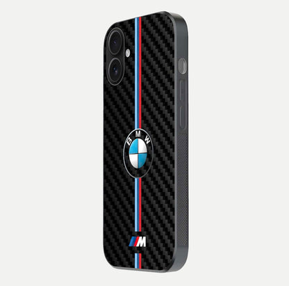 BMW Pattern Glass Case for iPhone 16 side-angle image showing edge finish and luxury car-inspired shine