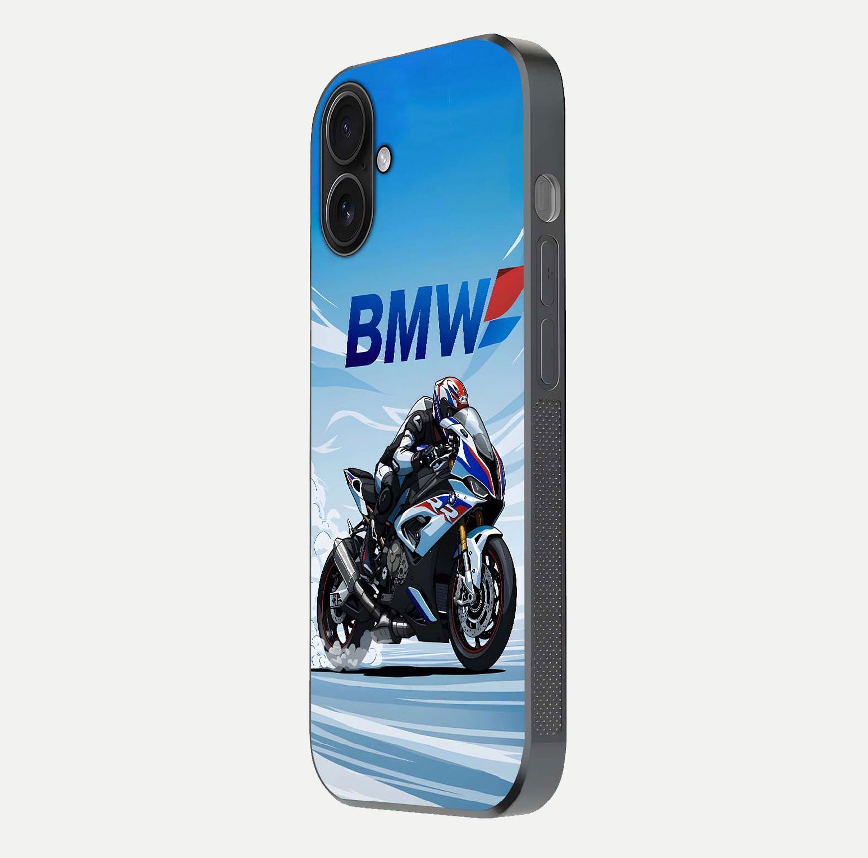 BMW Power Drift Glass Case for iPhone 16 side-angle image emphasizing smooth finish and detailed design