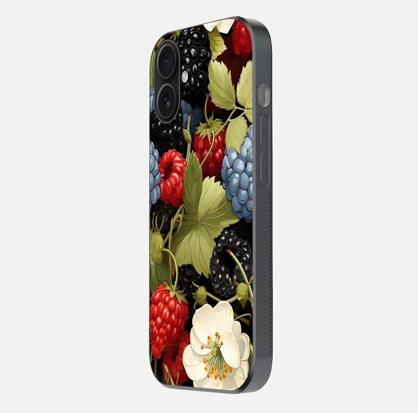Berry Bloom Charm Glass Case for iPhone 16 side-angle image showing floral texture and high-definition print gloss