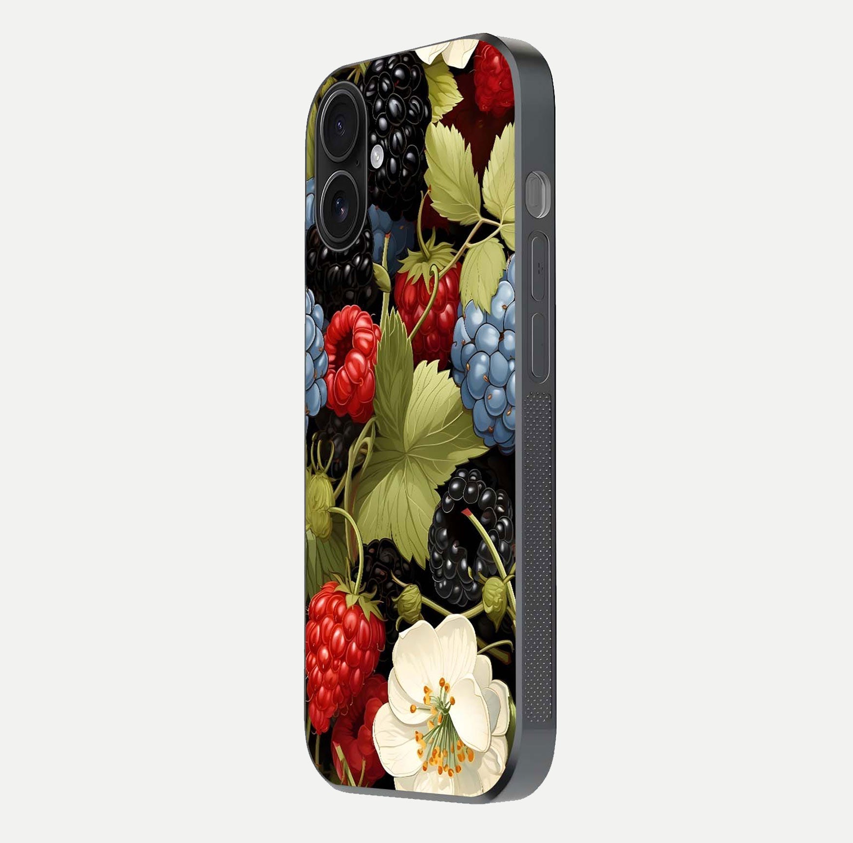 Berry Bloom Charm Glass Case for iPhone 16 side-angle image showing floral texture and high-definition print gloss