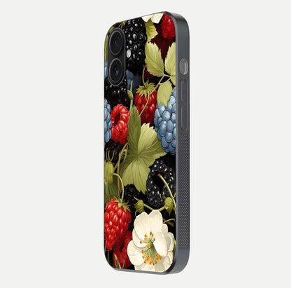 Berry Bloom Charm Glass Case for iPhone 16 side-angle image showing floral texture and high-definition print gloss