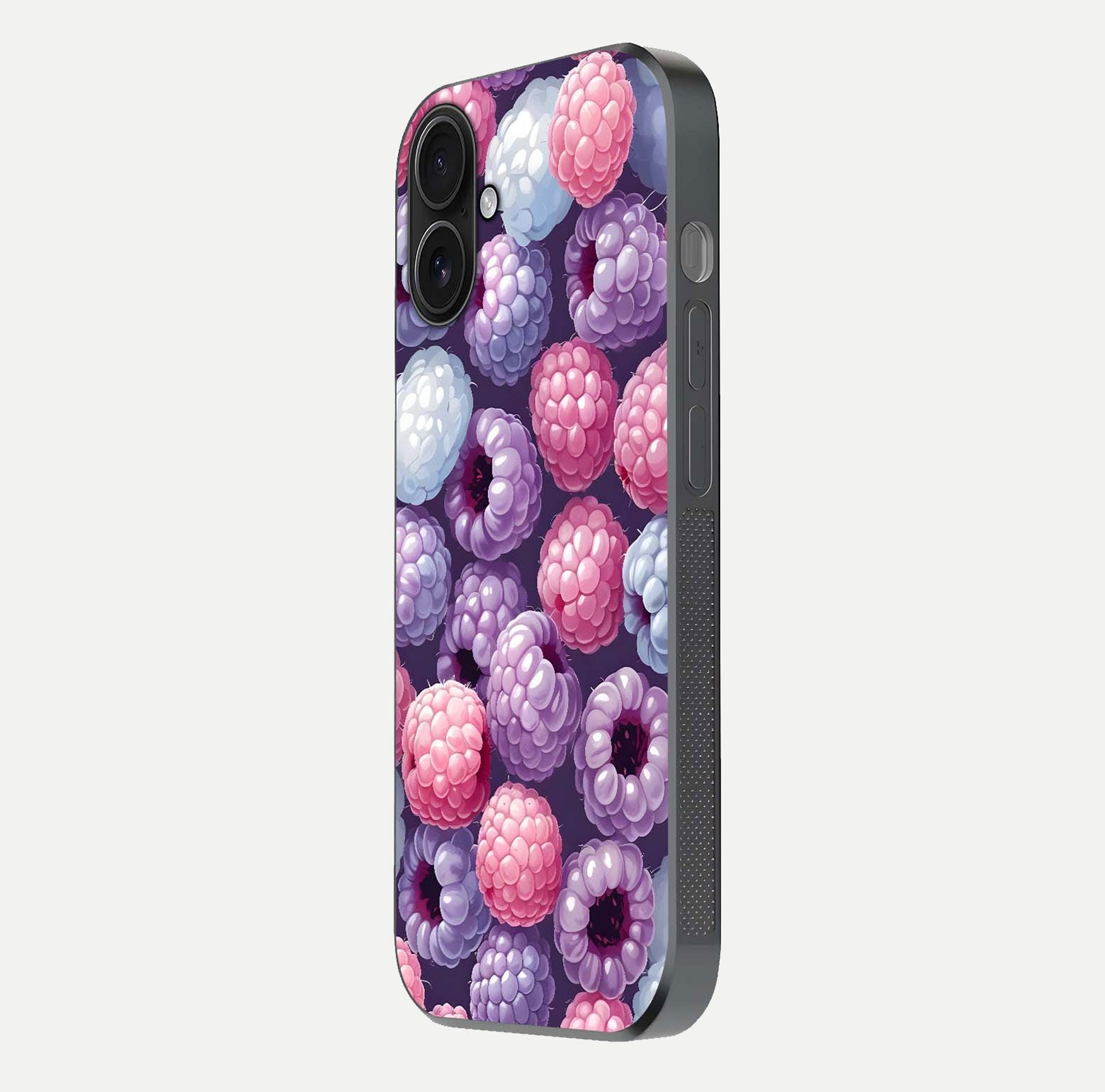 Berry Candy Pop Glass Case for iPhone 16 side-angle image with bright color tones and smooth reflection