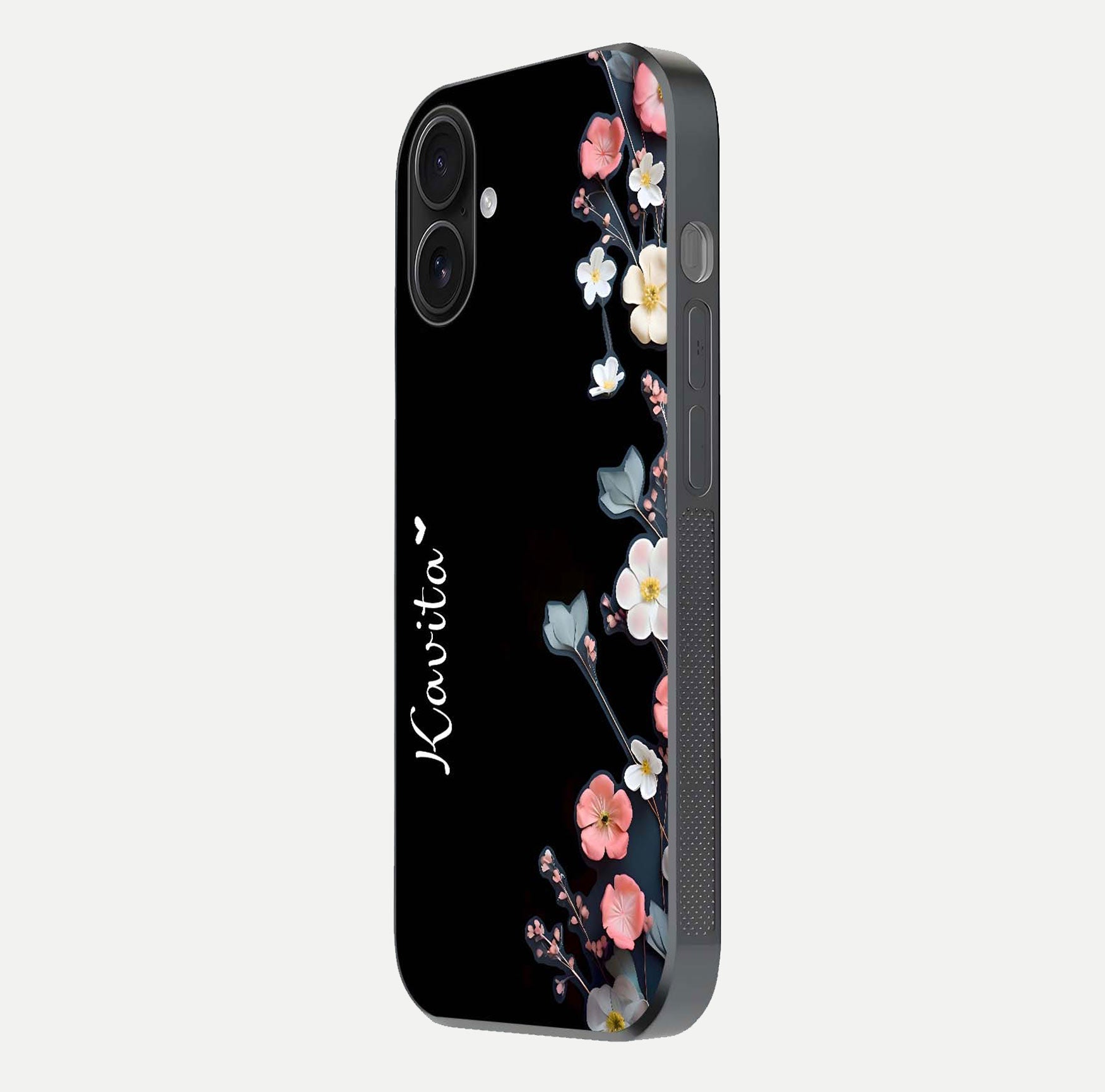 Black Elegance Floral Custom Name Glass Case for iPhone 16 side-angle showing black gloss depth and delicate print texture