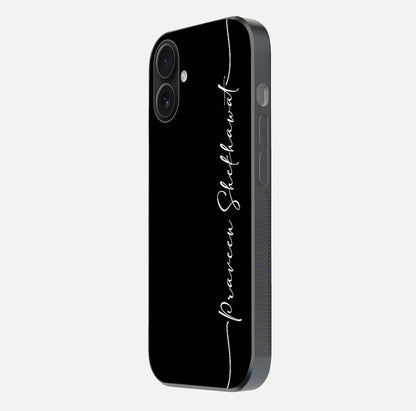 Black Tune Custom Name Glass Case for iPhone 16 side-angle photo showing mirror-like surface and slim profile