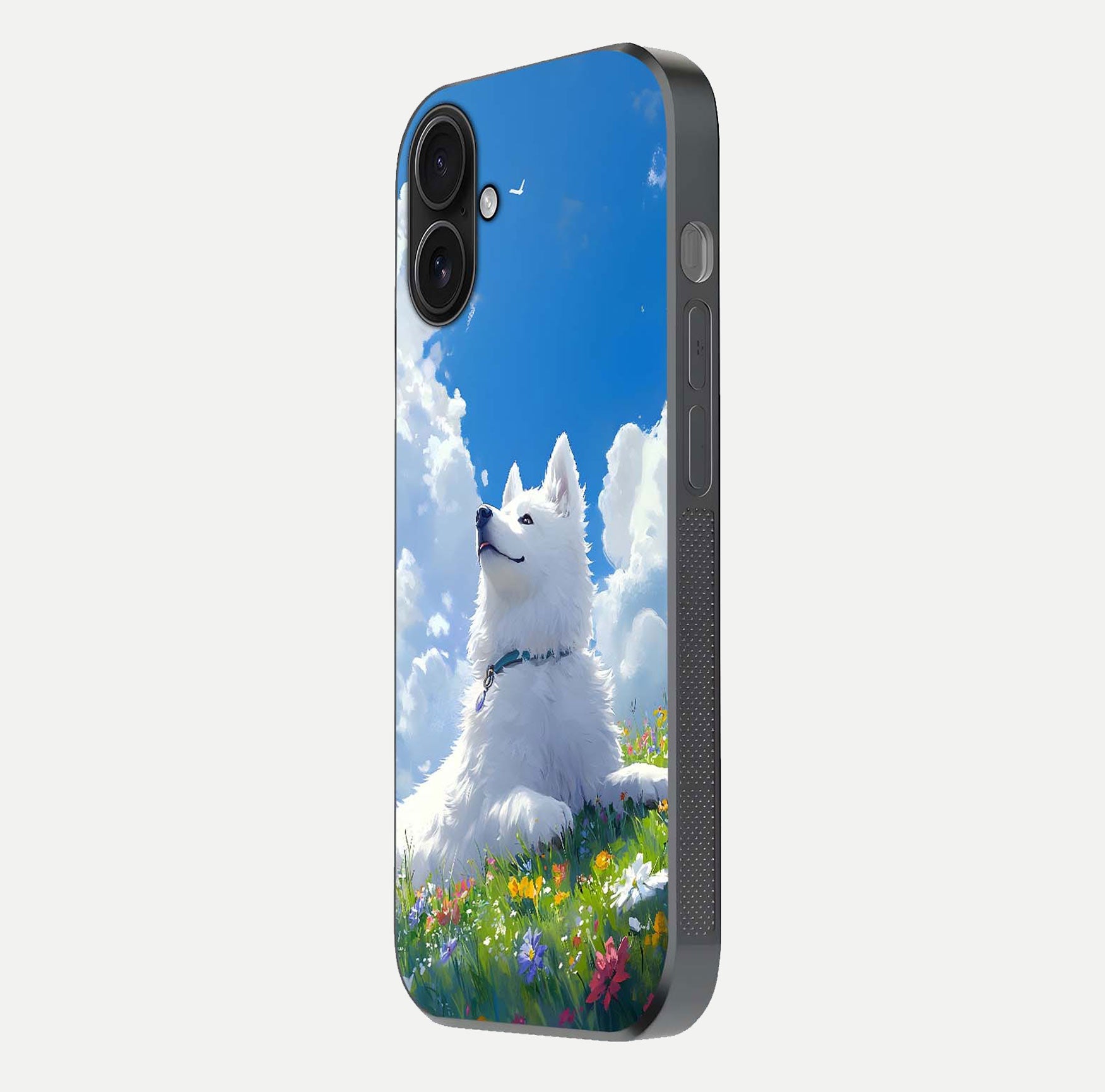 Blissful Cloud Pup Glass Case for iPhone 16 side-angle shot displaying puppy print and glossy texture
