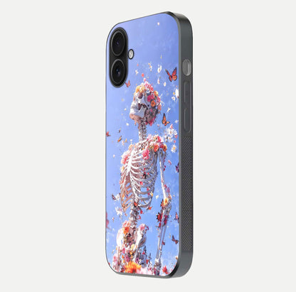 Bloom Beyond Bones Glass Case for iPhone 16 side-angle image highlighting print precision and gloss finish