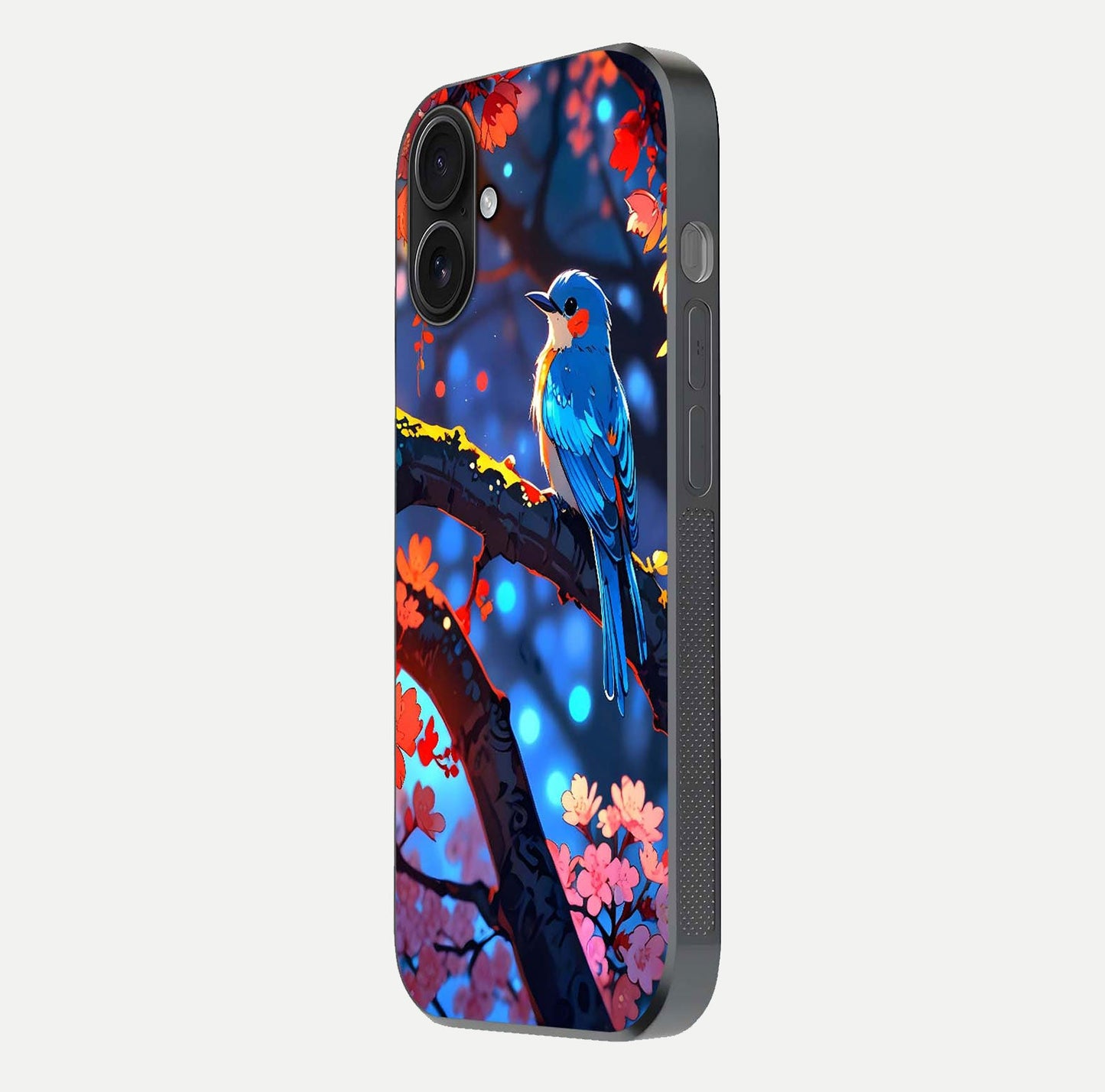 Blooming Spendor Bird Glass Case for iPhone 16 side-angle photo showing floral wings and reflection finish