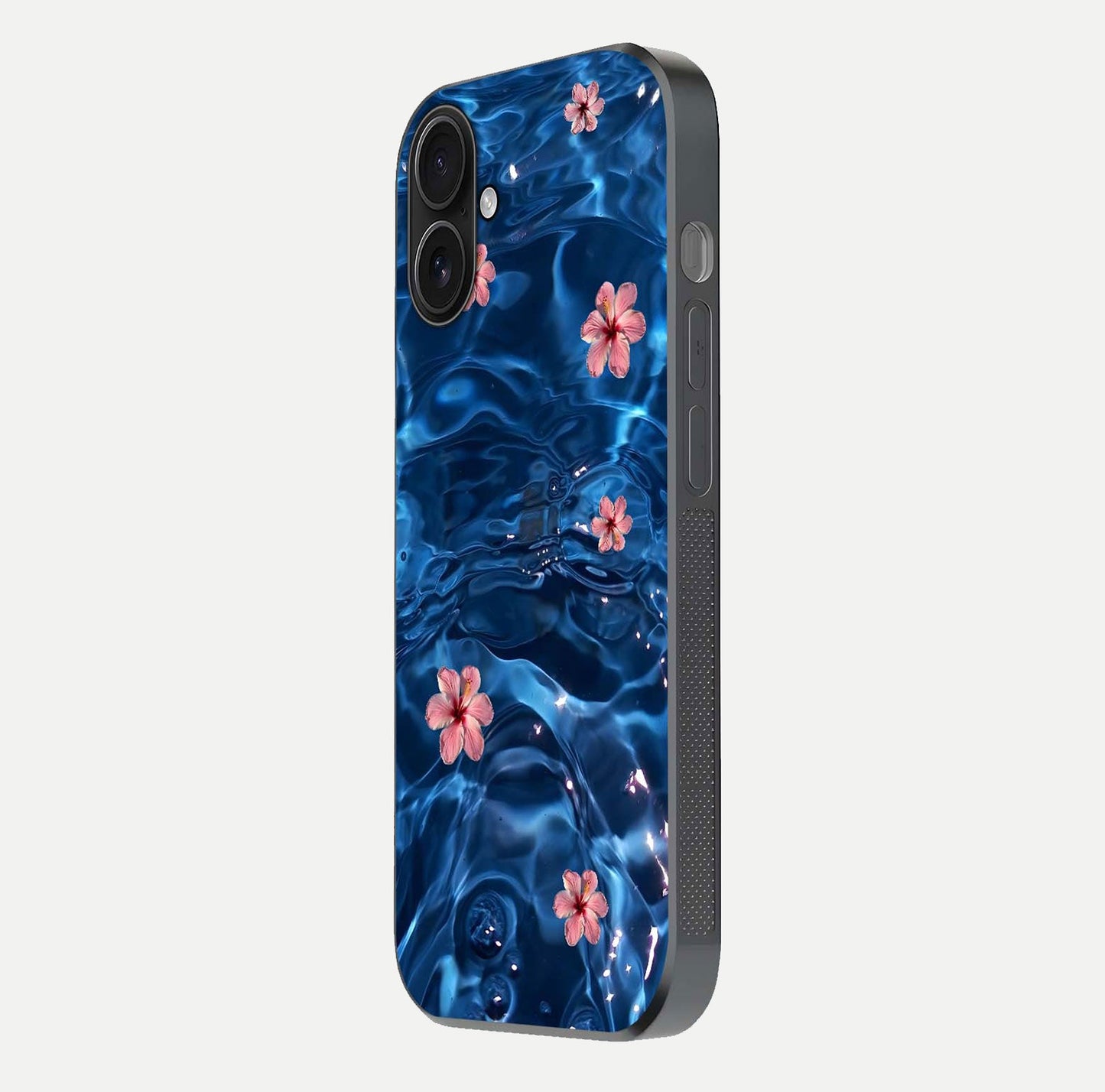 Blooming Water Drift Glass Case for iPhone 16 side-angle image showcasing blossom flow, curved corners, and HD glass gloss