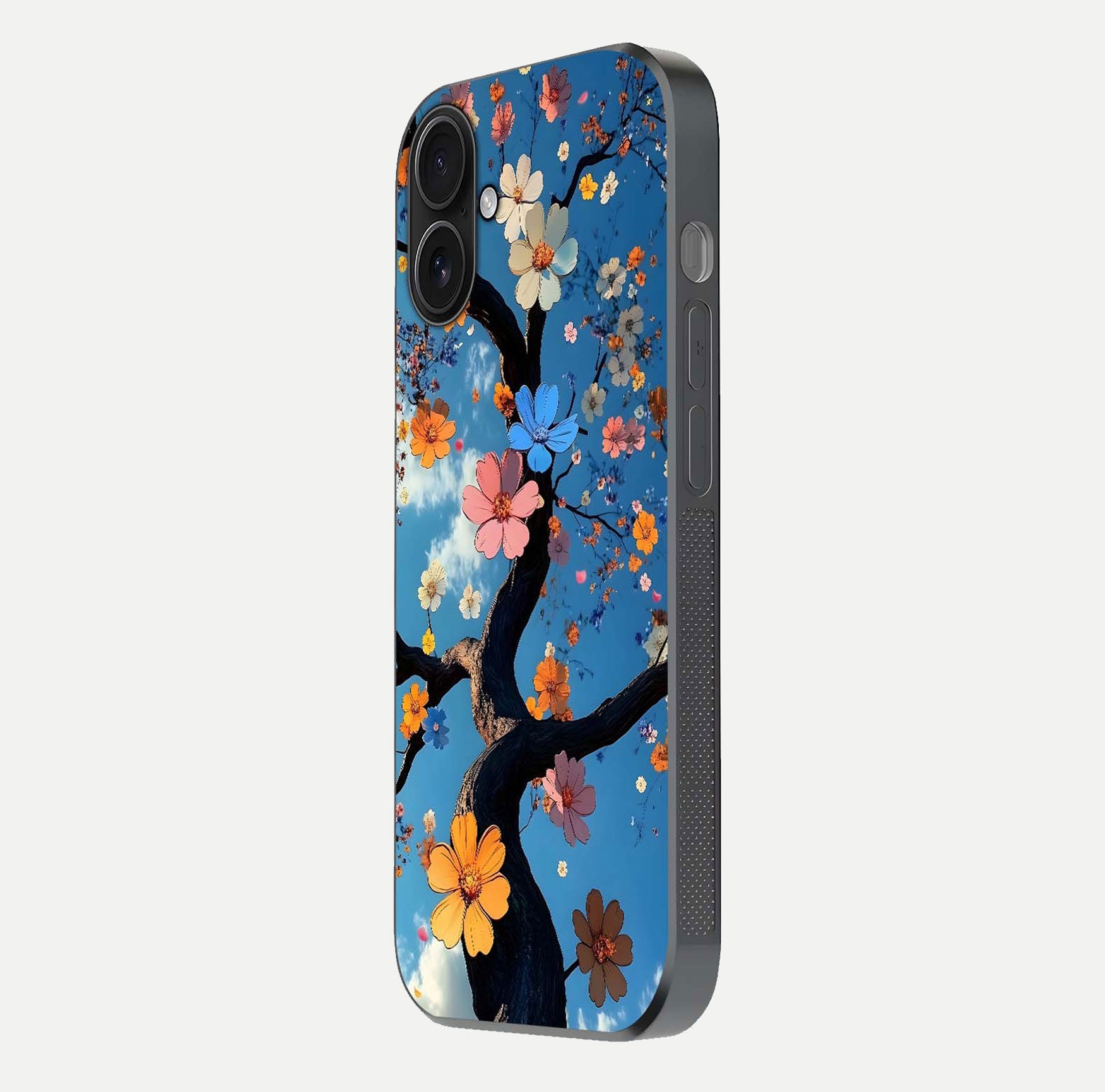 Blossom Dream Sky Glass Case for iPhone 16 side-angle photo showing flower details, edge curve, and reflection shine