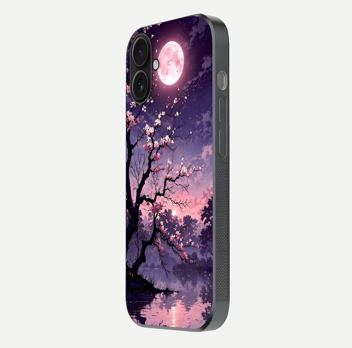 Blossom Pink Moon Glass Case for iPhone 16 side-angle image showing glossy curve and floral-moon balance
