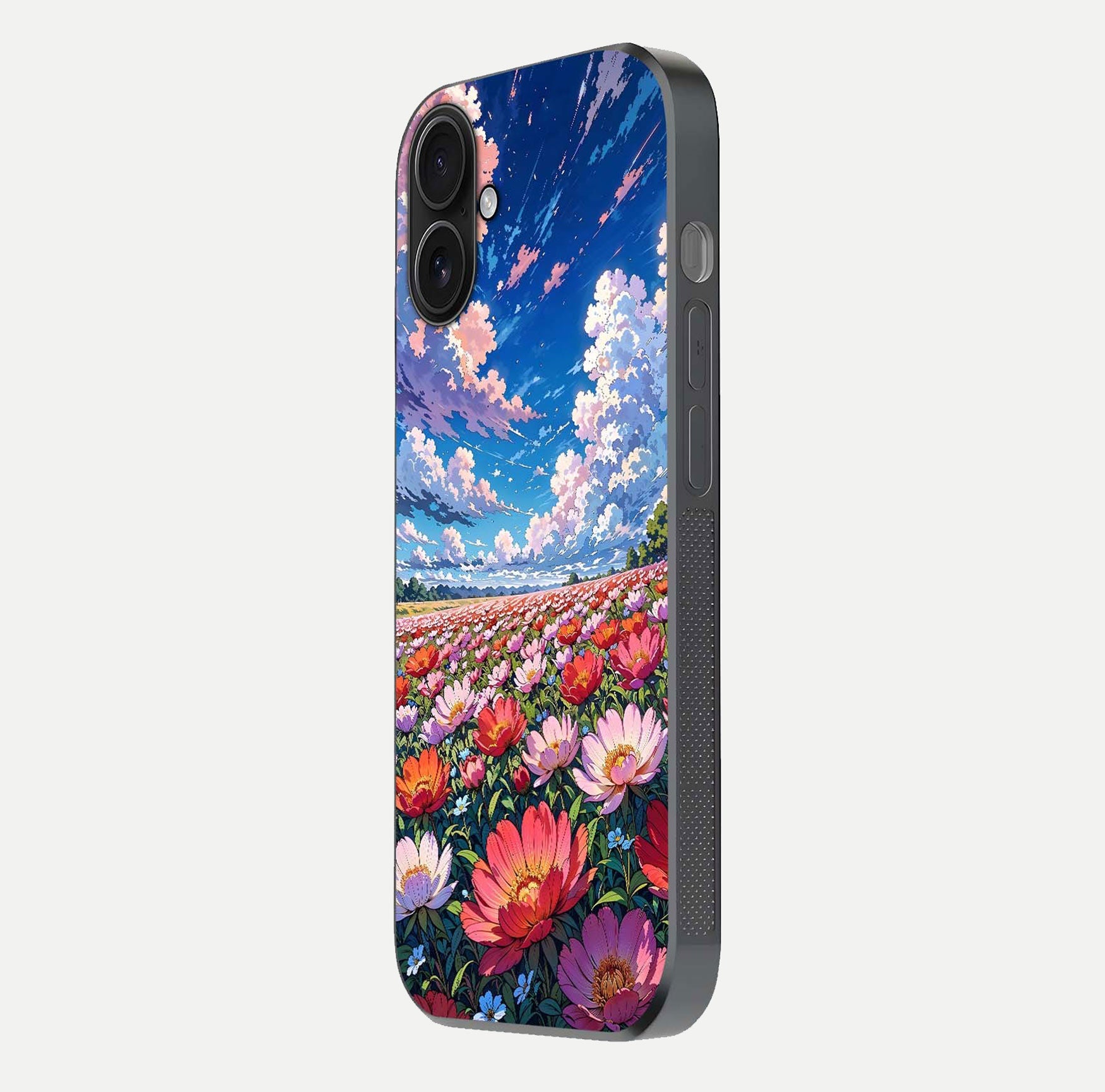 Blossom Sky Field Glass Case for iPhone 16 side-angle showing sky hues, blossom texture, and reflective shine
