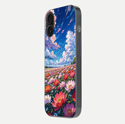 Blossom Sky Field Glass Case for iPhone 16 side-angle showing sky hues, blossom texture, and reflective shine