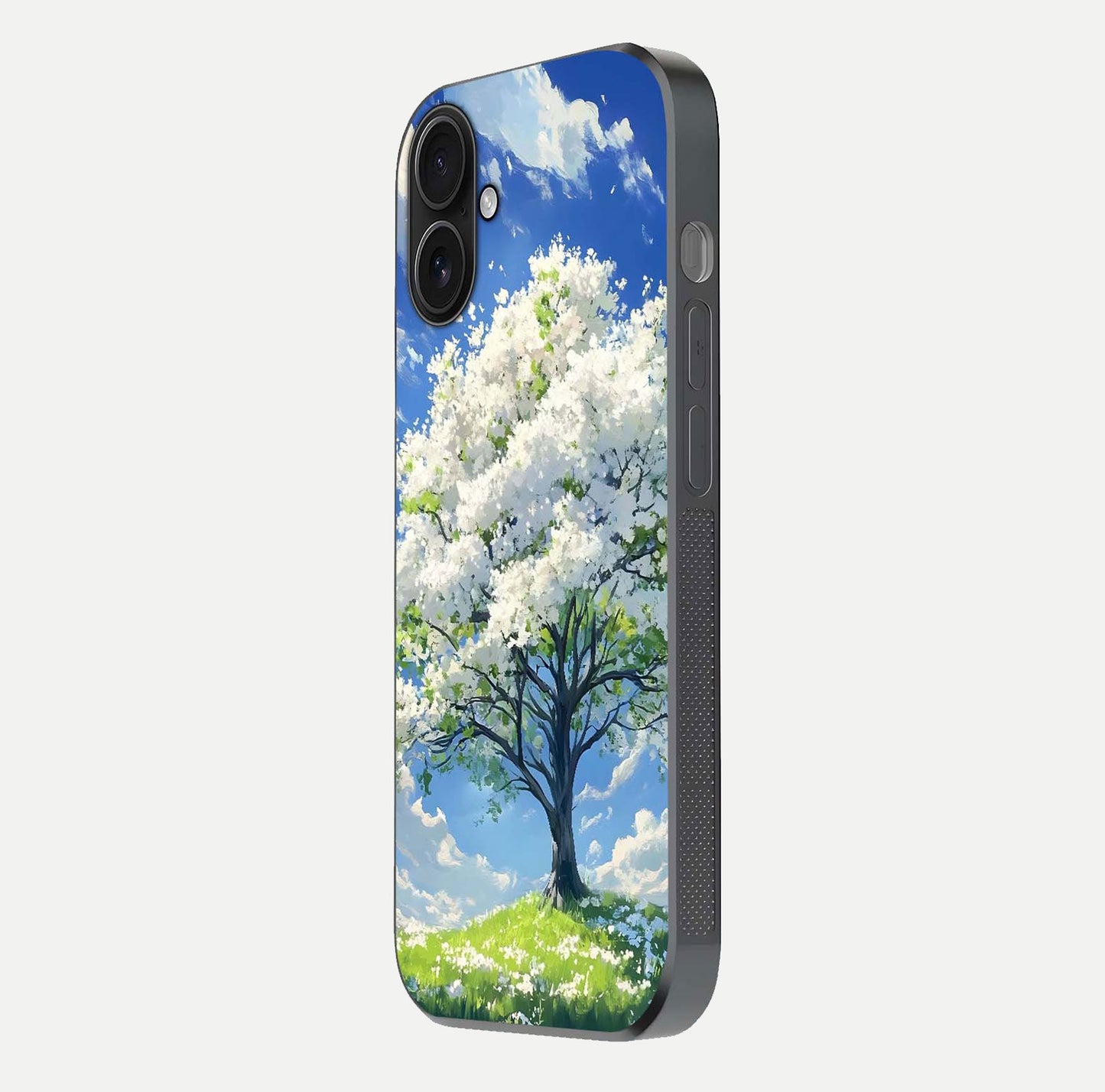 Blossom Sky Serenity Glass Case for iPhone 16 side-angle image showing elegant edge flow and light reflection