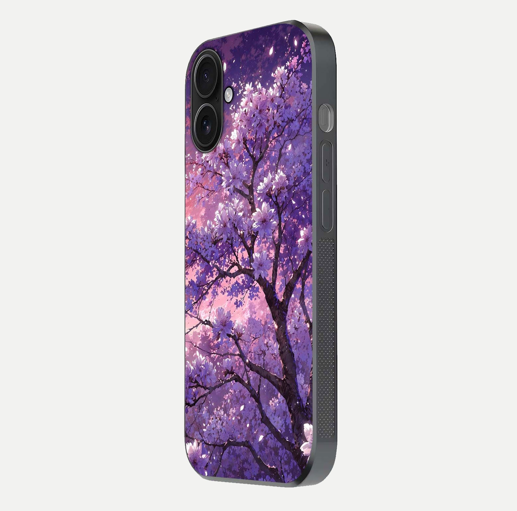 Blossom Tree Glass Case for iPhone 16 side-angle image showing floral tree artwork and reflection gloss