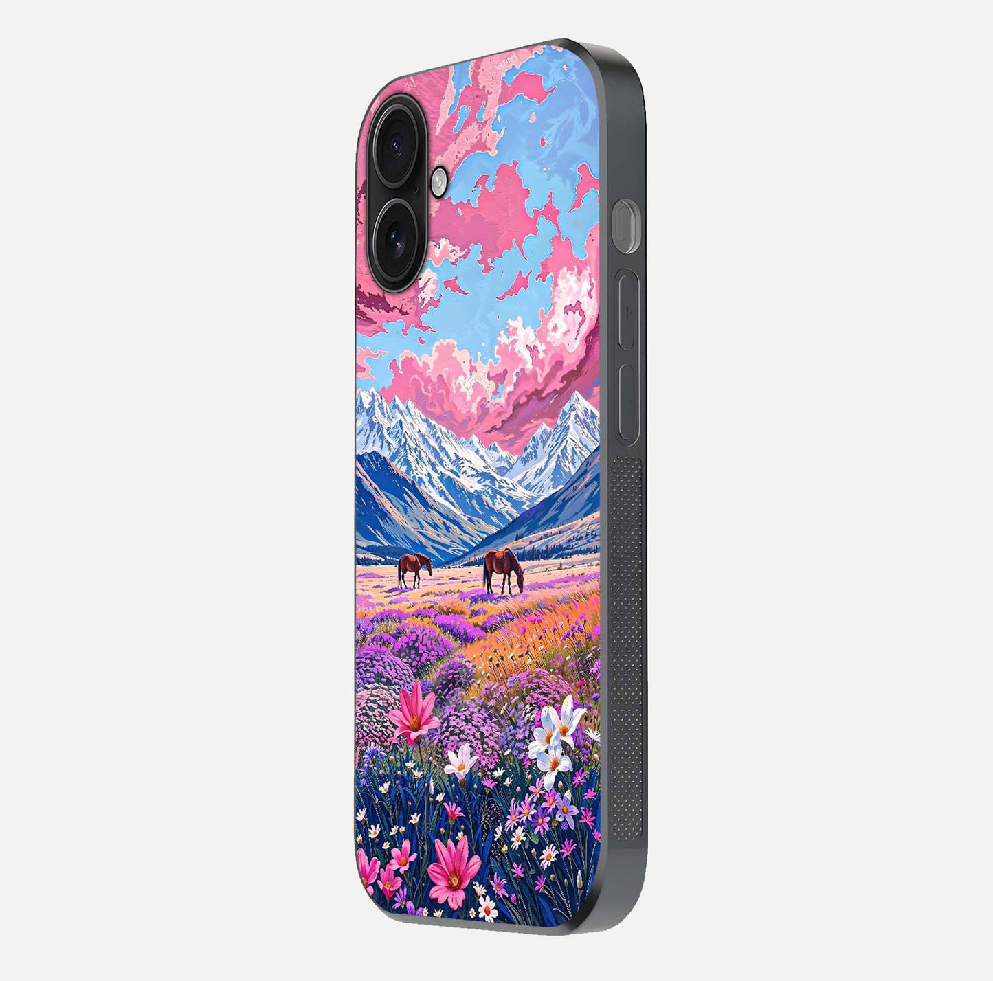 Blossom Valley Dream Glass Case for iPhone 16 side-angle shot showcasing bloom tones and gloss texture