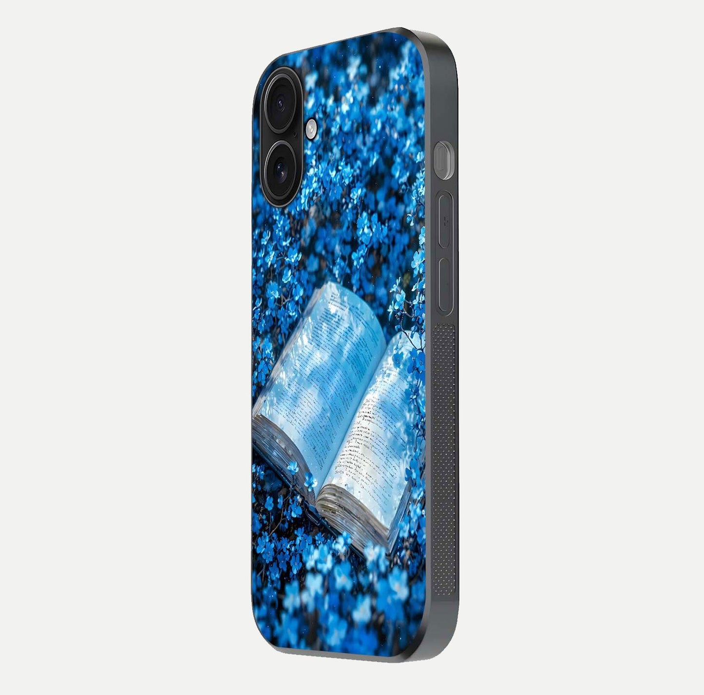 Blue Bloom Tales Glass Case for iPhone 16 side-angle image showing blue floral pattern and glossy finish