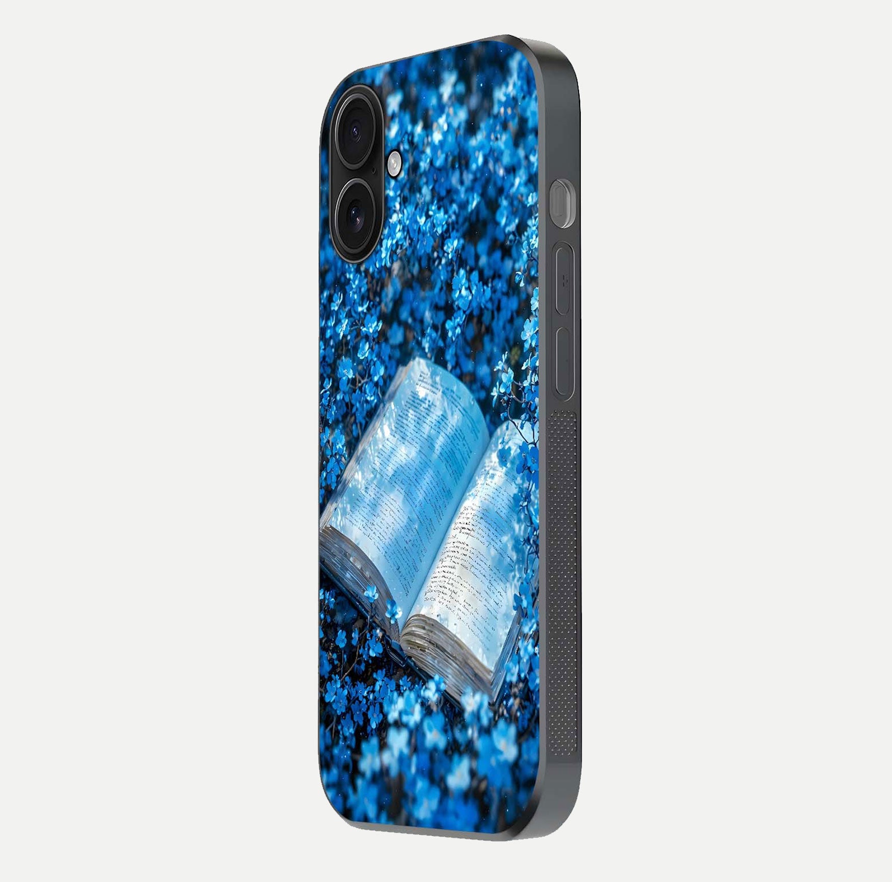 Blue Bloom Tales Glass Case for iPhone 16 side-angle image showing blue floral pattern and glossy finish