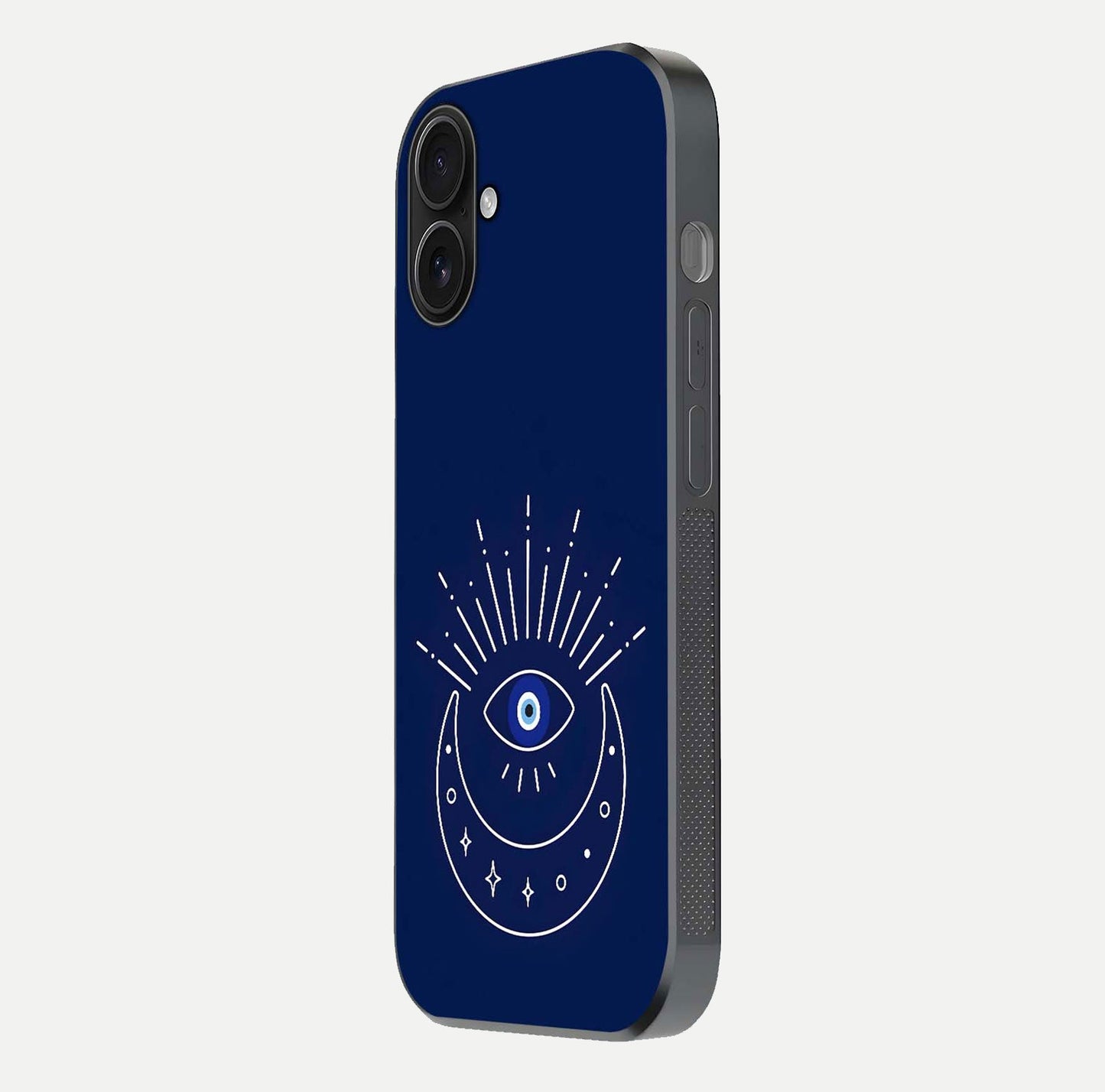 Blue Evil Eye Glass Case for iPhone 16 side-angle view showing edge glow, color balance, and reflective surface