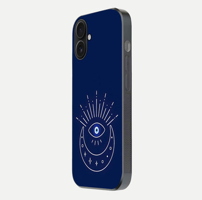 Blue Evil Eye Glass Case for iPhone 16 side-angle view showing edge glow, color balance, and reflective surface
