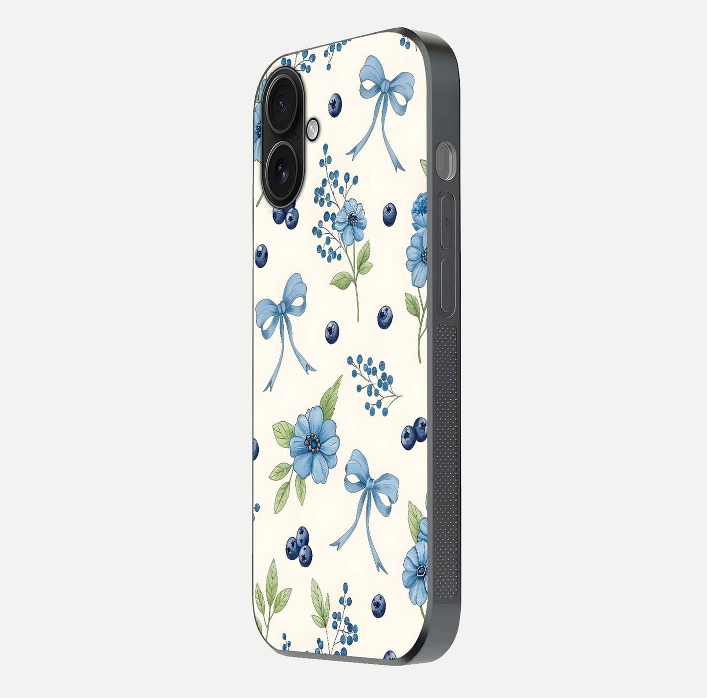 Blue Flower & Bow Glass Case for iPhone 16 side-angle image showing bow-floral mix and HD finish shine