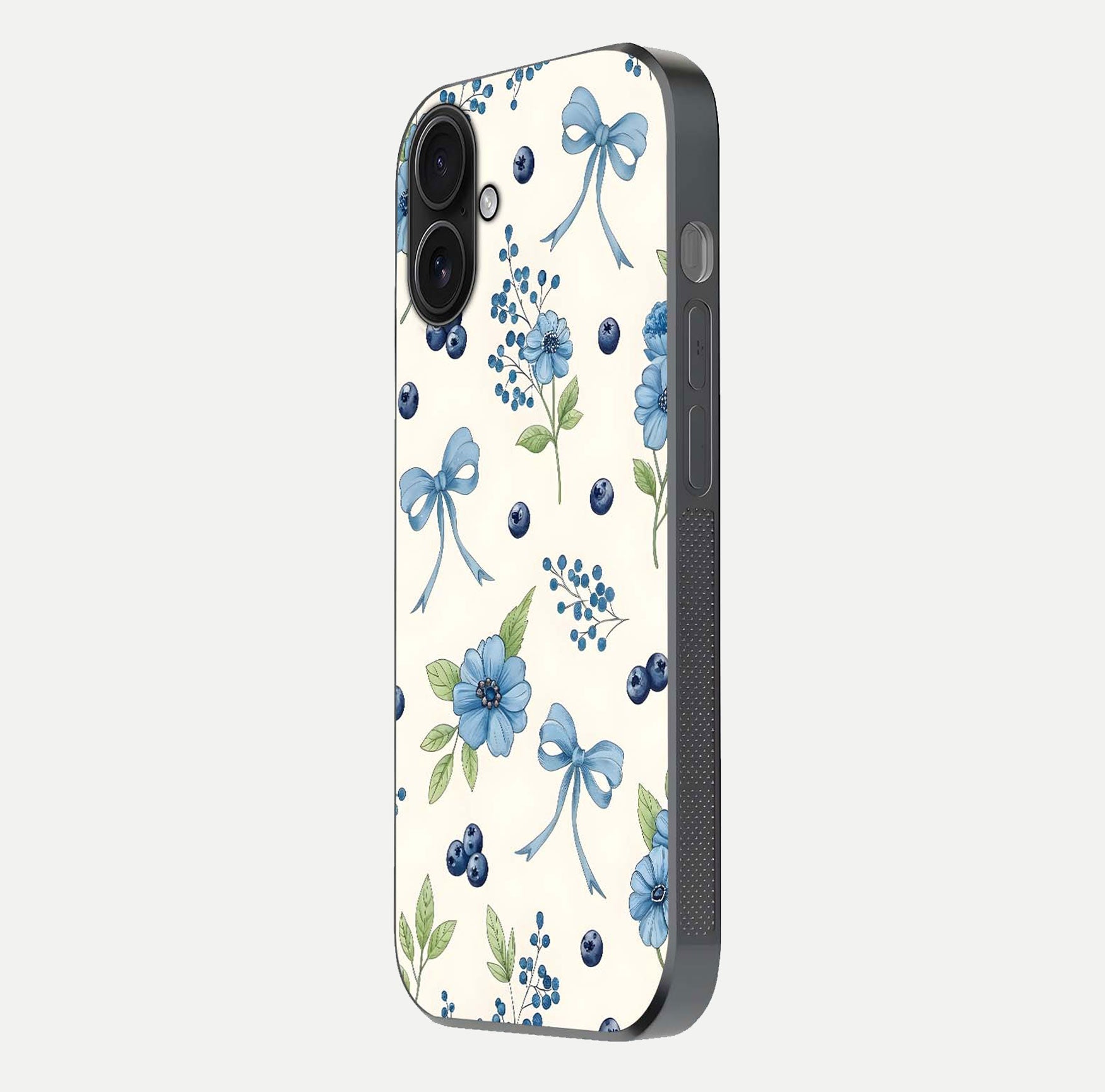 Blue Flower & Bow Glass Case for iPhone 16 side-angle image showing bow-floral mix and HD finish shine