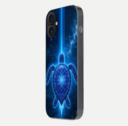 Blue Galaxy Turtle Glass Case for iPhone 16 side-angle photo capturing galaxy shine and smooth edge design
