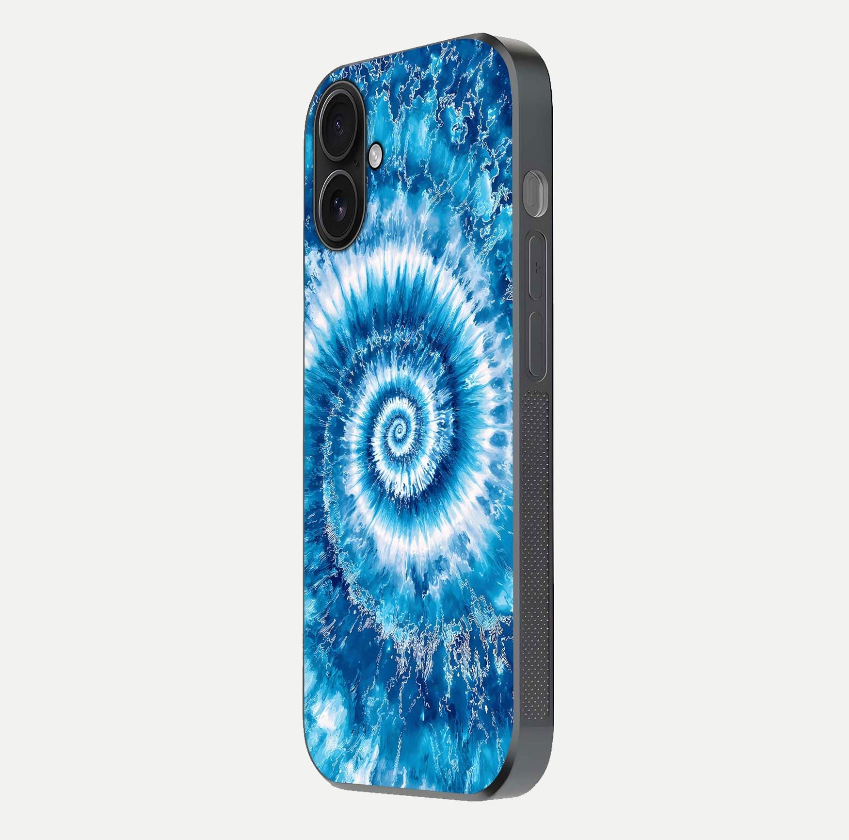 Blue Galaxy Wave Glass Case for iPhone 16 side-angle image showing wave ripple art and glass gloss