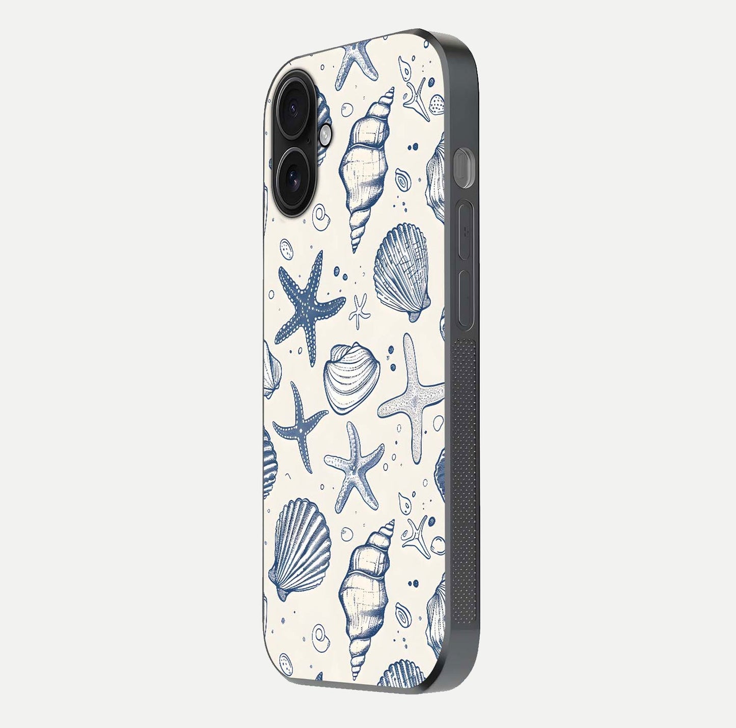 Blue Ocean Outline Glass Case for iPhone 16 side-angle view showing clear edge lines and oceanic blue glow
