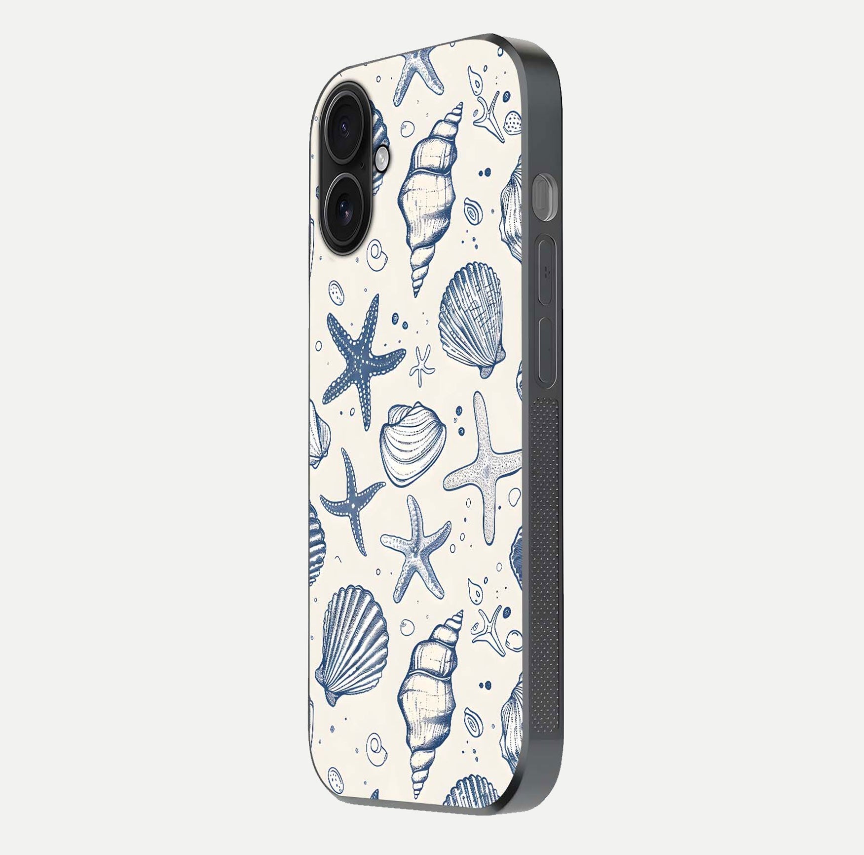 Blue Ocean Outline Glass Case for iPhone 16 side-angle view showing clear edge lines and oceanic blue glow